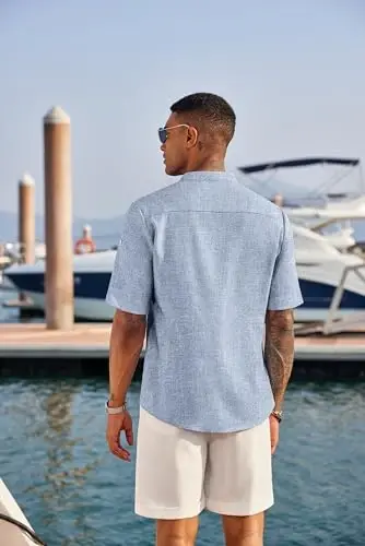 COOFANDY Men's Casual Henley Shirt Short Sleeve Band Collar Linen Shirt Summer Beach Hippie T-Shirts - 3