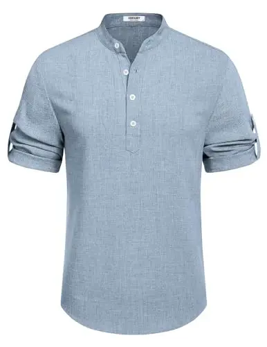 COOFANDY Men's Casual Henley Shirt Short Sleeve Band Collar Linen Shirt Summer Beach Hippie T-Shirts - 6