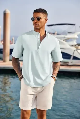 COOFANDY Men's Casual Henley Shirt Short Sleeve Band Collar Linen Shirt Summer Beach Hippie T-Shirts - MODAZONE (1)