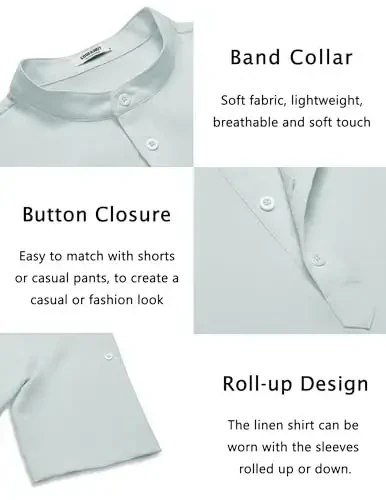 COOFANDY Men's Casual Henley Shirt Short Sleeve Band Collar Linen Shirt Summer Beach Hippie T-Shirts - 5