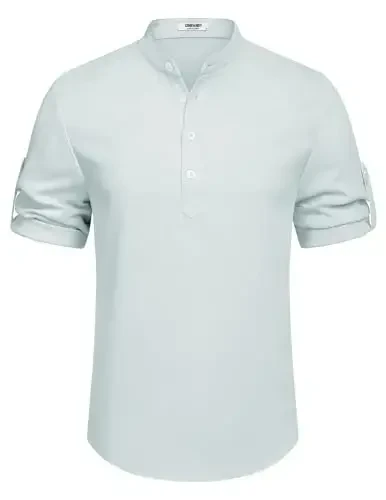 COOFANDY Men's Casual Henley Shirt Short Sleeve Band Collar Linen Shirt Summer Beach Hippie T-Shirts - 6