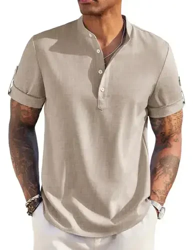 COOFANDY Men's Casual Henley Shirt Short Sleeve Band Collar Linen Shirt Summer Beach Hippie T-Shirts - MODAZONE