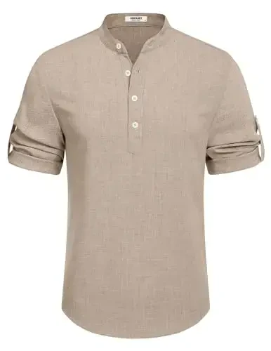 COOFANDY Men's Casual Henley Shirt Short Sleeve Band Collar Linen Shirt Summer Beach Hippie T-Shirts - 6