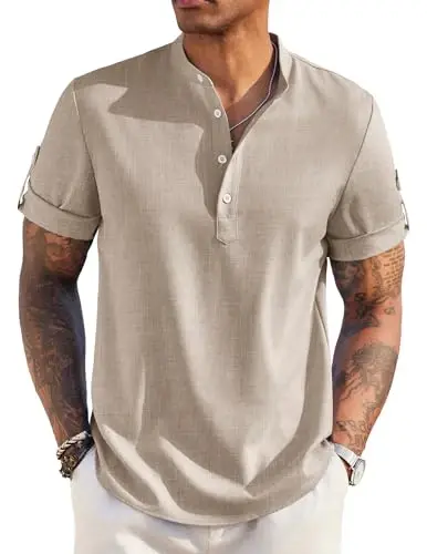 COOFANDY Men's Casual Henley Shirt Short Sleeve Band Collar Linen Shirt Summer Beach Hippie T-Shirts 