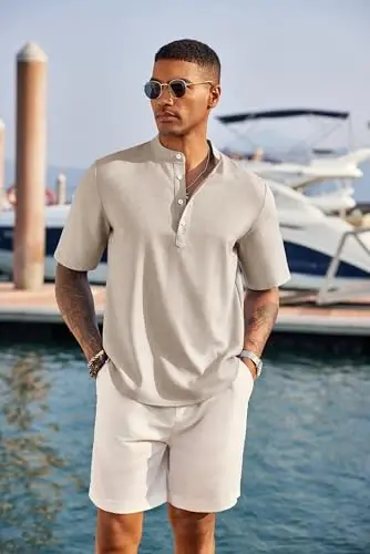 COOFANDY Men's Casual Henley Shirt Short Sleeve Band Collar Linen Shirt Summer Beach Hippie T-Shirts - 2