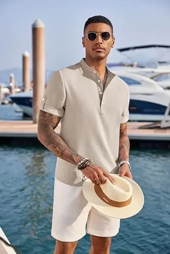 COOFANDY Men's Casual Henley Shirt Short Sleeve Band Collar Linen Shirt Summer Beach Hippie T-Shirts - 4