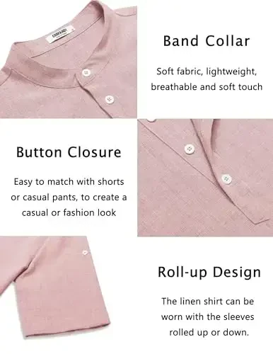 COOFANDY Men's Casual Henley Shirt Short Sleeve Band Collar Linen Shirt Summer Beach Hippie T-Shirts - 5
