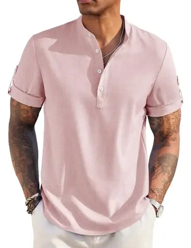 COOFANDY Men's Casual Henley Shirt Short Sleeve Band Collar Linen Shirt Summer Beach Hippie T-Shirts 