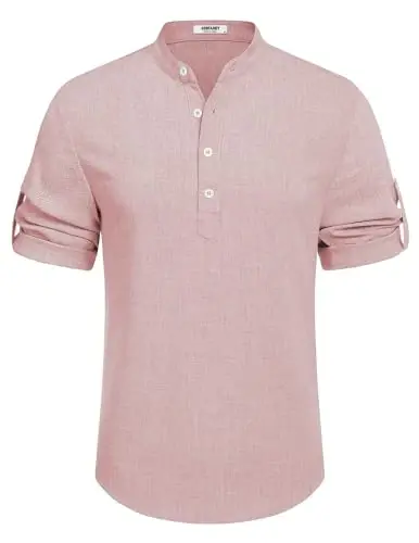 COOFANDY Men's Casual Henley Shirt Short Sleeve Band Collar Linen Shirt Summer Beach Hippie T-Shirts - 6