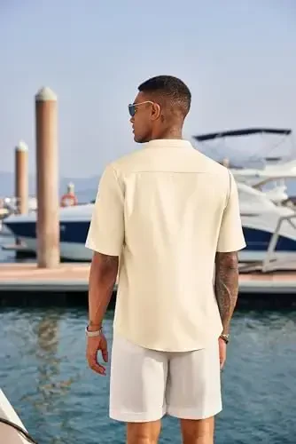 COOFANDY Men's Casual Henley Shirt Short Sleeve Band Collar Linen Shirt Summer Beach Hippie T-Shirts - 3