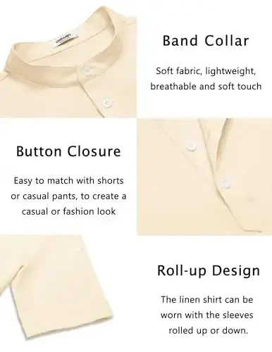 COOFANDY Men's Casual Henley Shirt Short Sleeve Band Collar Linen Shirt Summer Beach Hippie T-Shirts - 5