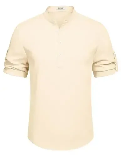 COOFANDY Men's Casual Henley Shirt Short Sleeve Band Collar Linen Shirt Summer Beach Hippie T-Shirts - 6