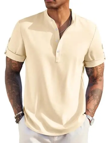 COOFANDY Men's Casual Henley Shirt Short Sleeve Band Collar Linen Shirt Summer Beach Hippie T-Shirts 