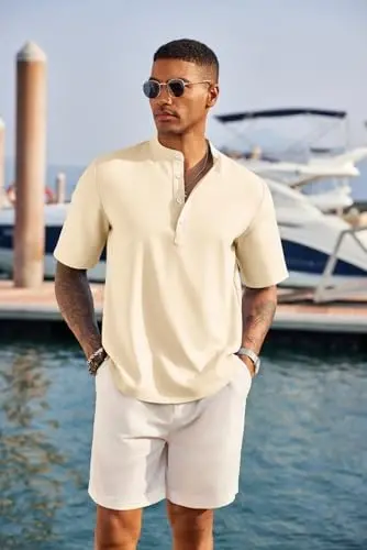COOFANDY Men's Casual Henley Shirt Short Sleeve Band Collar Linen Shirt Summer Beach Hippie T-Shirts - MODAZONE (1)
