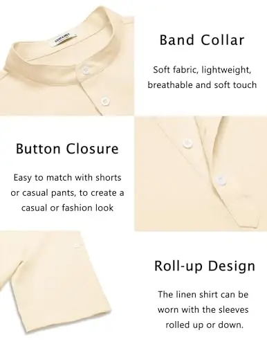 COOFANDY Men's Casual Henley Shirt Short Sleeve Band Collar Linen Shirt Summer Beach Hippie T-Shirts - 5