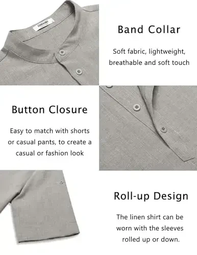 COOFANDY Men's Casual Henley Shirt Short Sleeve Band Collar Linen Shirt Summer Beach Hippie T-Shirts - 5