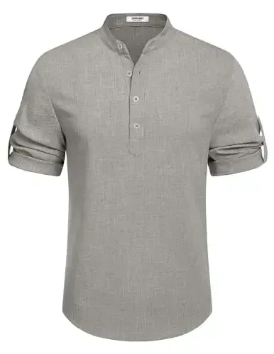 COOFANDY Men's Casual Henley Shirt Short Sleeve Band Collar Linen Shirt Summer Beach Hippie T-Shirts - 6