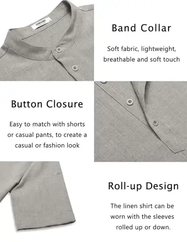 COOFANDY Men's Casual Henley Shirt Short Sleeve Band Collar Linen Shirt Summer Beach Hippie T-Shirts - 11