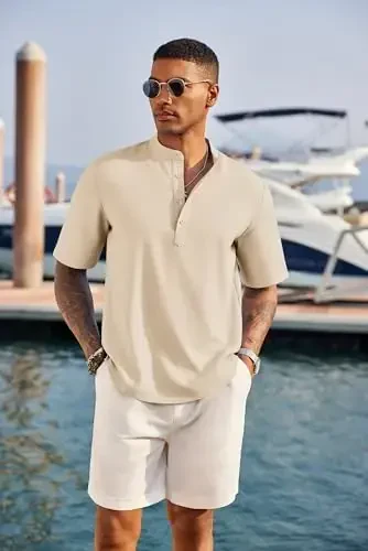 COOFANDY Men's Casual Henley Shirt Short Sleeve Band Collar Linen Shirt Summer Beach Hippie T-Shirts - 2