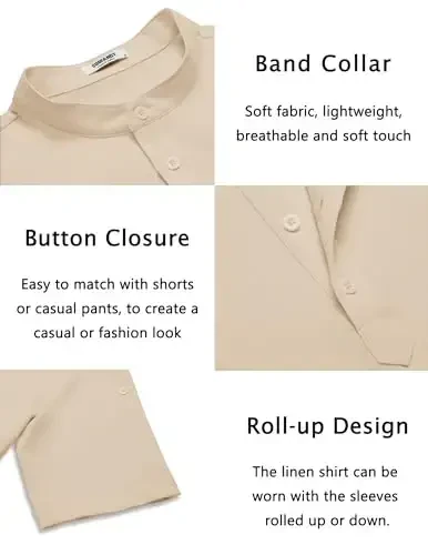 COOFANDY Men's Casual Henley Shirt Short Sleeve Band Collar Linen Shirt Summer Beach Hippie T-Shirts - 5