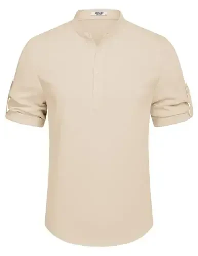 COOFANDY Men's Casual Henley Shirt Short Sleeve Band Collar Linen Shirt Summer Beach Hippie T-Shirts - 6