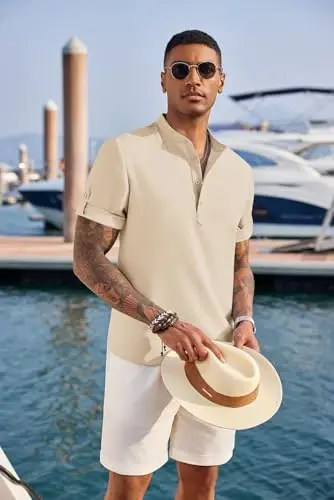 COOFANDY Men's Casual Henley Shirt Short Sleeve Band Collar Linen Shirt Summer Beach Hippie T-Shirts - 3