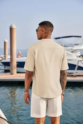 COOFANDY Men's Casual Henley Shirt Short Sleeve Band Collar Linen Shirt Summer Beach Hippie T-Shirts - 4