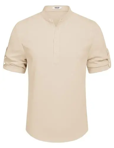 COOFANDY Men's Casual Henley Shirt Short Sleeve Band Collar Linen Shirt Summer Beach Hippie T-Shirts - 6
