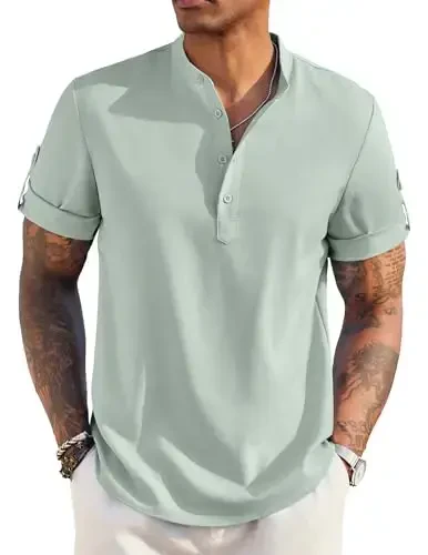 COOFANDY Men's Casual Henley Shirt Short Sleeve Band Collar Linen Shirt Summer Beach Hippie T-Shirts - COOFANDY