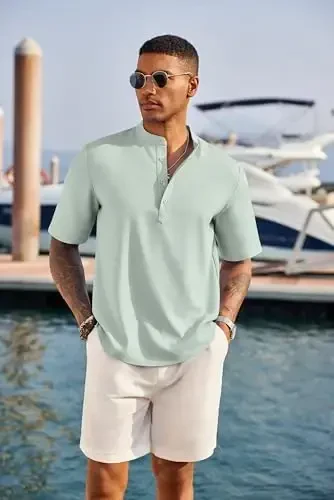COOFANDY Men's Casual Henley Shirt Short Sleeve Band Collar Linen Shirt Summer Beach Hippie T-Shirts - 2