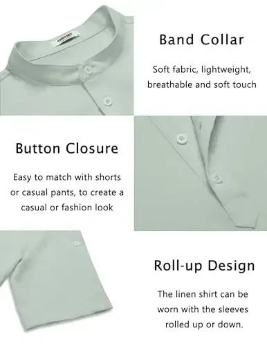 COOFANDY Men's Casual Henley Shirt Short Sleeve Band Collar Linen Shirt Summer Beach Hippie T-Shirts - 5