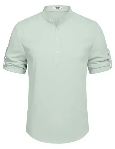 COOFANDY Men's Casual Henley Shirt Short Sleeve Band Collar Linen Shirt Summer Beach Hippie T-Shirts - 6