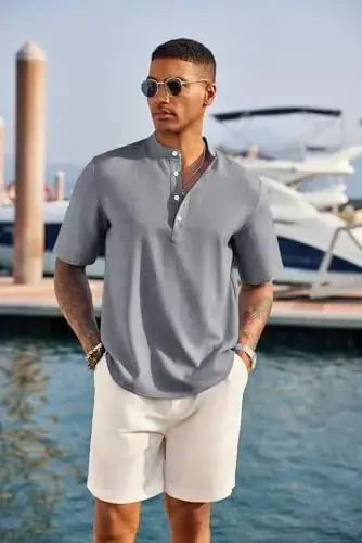 COOFANDY Men's Casual Henley Shirt Short Sleeve Band Collar Linen Shirt Summer Beach Hippie T-Shirts - 2