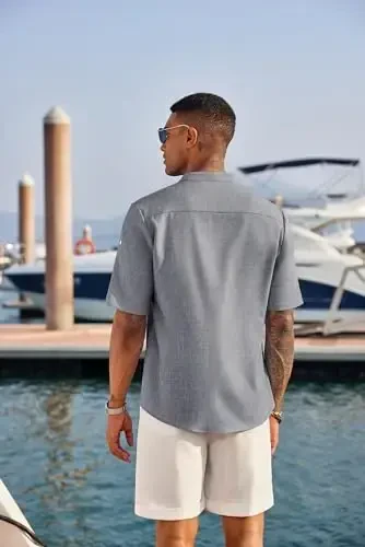COOFANDY Men's Casual Henley Shirt Short Sleeve Band Collar Linen Shirt Summer Beach Hippie T-Shirts - 3