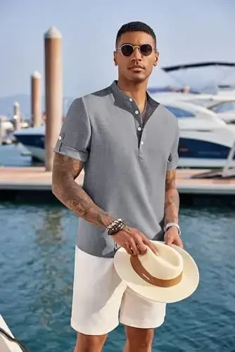 COOFANDY Men's Casual Henley Shirt Short Sleeve Band Collar Linen Shirt Summer Beach Hippie T-Shirts - 4