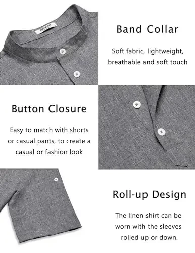 COOFANDY Men's Casual Henley Shirt Short Sleeve Band Collar Linen Shirt Summer Beach Hippie T-Shirts - 5