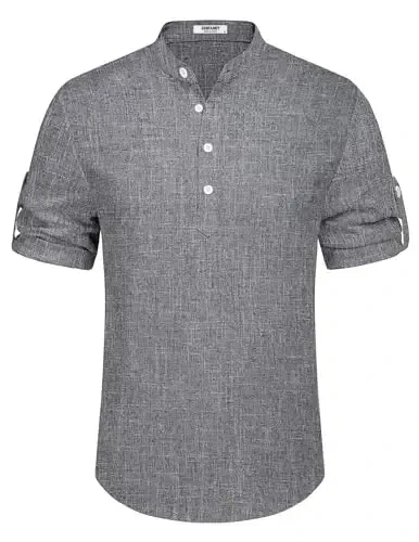 COOFANDY Men's Casual Henley Shirt Short Sleeve Band Collar Linen Shirt Summer Beach Hippie T-Shirts - 6