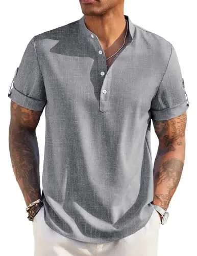 COOFANDY Men's Casual Henley Shirt Short Sleeve Band Collar Linen Shirt Summer Beach Hippie T-Shirts - COOFANDY