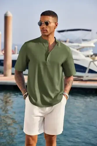 COOFANDY Men's Casual Henley Shirt Short Sleeve Band Collar Linen Shirt Summer Beach Hippie T-Shirts - 2