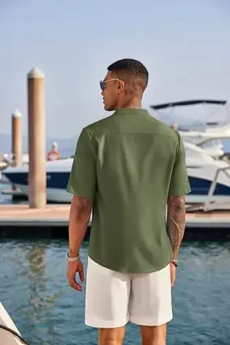 COOFANDY Men's Casual Henley Shirt Short Sleeve Band Collar Linen Shirt Summer Beach Hippie T-Shirts - 3