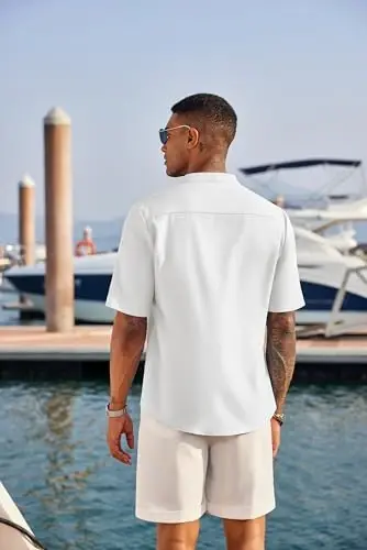 COOFANDY Men's Casual Henley Shirt Short Sleeve Band Collar Linen Shirt Summer Beach Hippie T-Shirts - 3