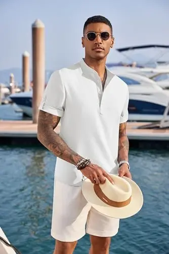COOFANDY Men's Casual Henley Shirt Short Sleeve Band Collar Linen Shirt Summer Beach Hippie T-Shirts - 4