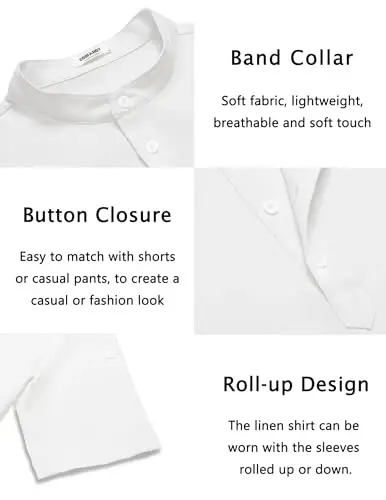 COOFANDY Men's Casual Henley Shirt Short Sleeve Band Collar Linen Shirt Summer Beach Hippie T-Shirts - 5