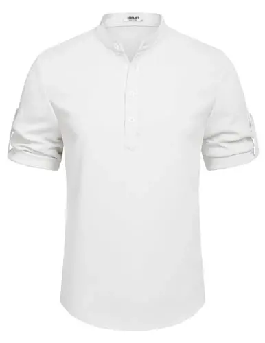COOFANDY Men's Casual Henley Shirt Short Sleeve Band Collar Linen Shirt Summer Beach Hippie T-Shirts - 6