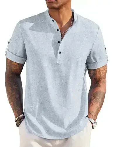 COOFANDY Men's Casual Henley Shirt Short Sleeve Band Collar Linen Shirt Summer Beach Hippie T-Shirts - 1