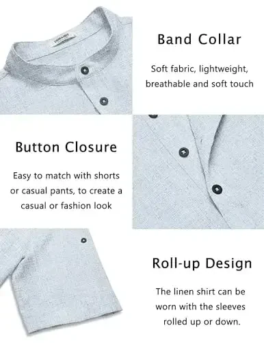 COOFANDY Men's Casual Henley Shirt Short Sleeve Band Collar Linen Shirt Summer Beach Hippie T-Shirts - 5