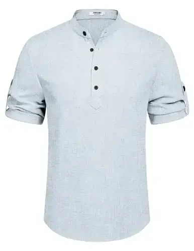 COOFANDY Men's Casual Henley Shirt Short Sleeve Band Collar Linen Shirt Summer Beach Hippie T-Shirts - 6