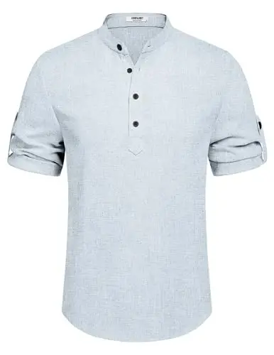 COOFANDY Men's Casual Henley Shirt Short Sleeve Band Collar Linen Shirt Summer Beach Hippie T-Shirts - 6