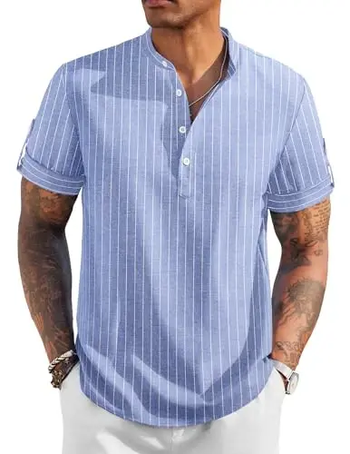 COOFANDY Men's Casual Henley Shirt Short Sleeve Band Collar Linen Shirt Summer Beach Hippie T-Shirts 