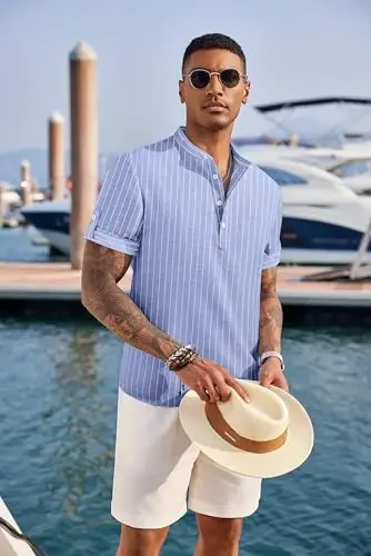 COOFANDY Men's Casual Henley Shirt Short Sleeve Band Collar Linen Shirt Summer Beach Hippie T-Shirts - 4